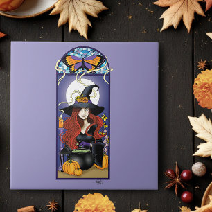 Art Nouveau Autumn Witch Pumpkins Purple Moon Ceramic Tile