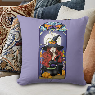 Art Nouveau Autumn Witch Pumpkins Purple Moon Cushion