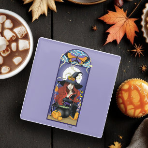 Art Nouveau Autumn Witch Pumpkins Purple Moon Glass Coaster