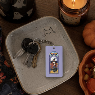 Art Nouveau Autumn Witch Pumpkins Purple Moon Key Ring