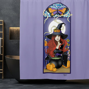 Art Nouveau Autumn Witch Pumpkins Purple Moon Shower Curtain