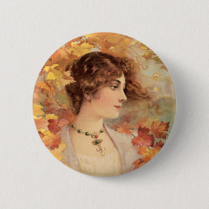 Art Nouveau Autumn Woman Golden Foliage Print 6 Cm Round Badge