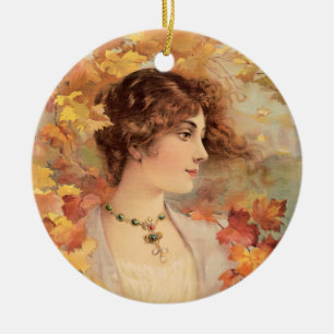 Art Nouveau Autumn Woman Golden Foliage Print Ceramic Ornament