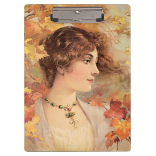 Art Nouveau Autumn Woman Golden Foliage Print Clipboard