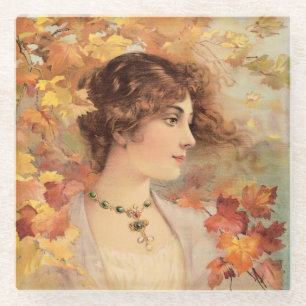 Art Nouveau Autumn Woman Golden Foliage Print Glass Coaster