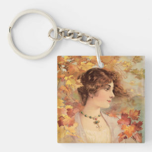 Art Nouveau Autumn Woman Golden Foliage Print Key Ring