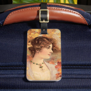 Art Nouveau Autumn Woman Golden Foliage Print Luggage Tag