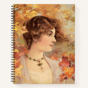 Art Nouveau Autumn Woman Golden Foliage Print Notebook
