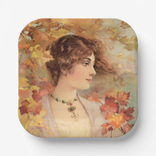 Art Nouveau Autumn Woman Golden Foliage Print Paper Plate