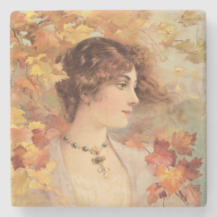 Art Nouveau Autumn Woman Golden Foliage Print Stone Coaster