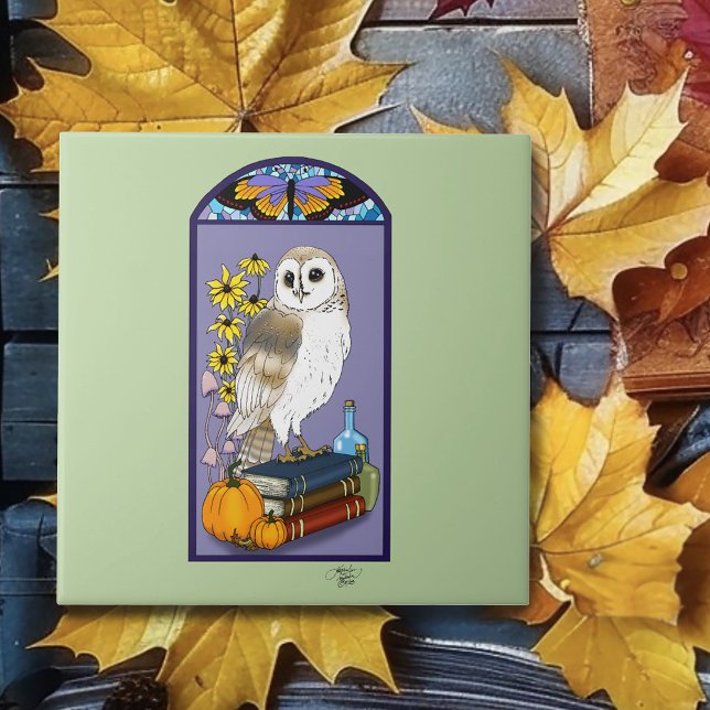 Art Nouveau Barn Owl Pumpkins Books Ceramic Tile (Creator Uploaded)