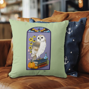 Art Nouveau Barn Owl Pumpkins Vintage Books Autumn Cushion