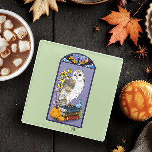 Art Nouveau Barn Owl Pumpkins Vintage Books Autumn Glass Coaster