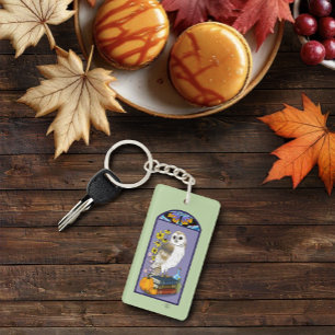 Art Nouveau Barn Owl Pumpkins Vintage Books Autumn Key Ring