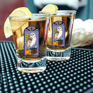 Art Nouveau Barn owl Pumpkins Vintage Books Autumn Shot Glass