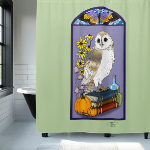 Art Nouveau Barn Owl Pumpkins Vintage Books Autumn Shower Curtain