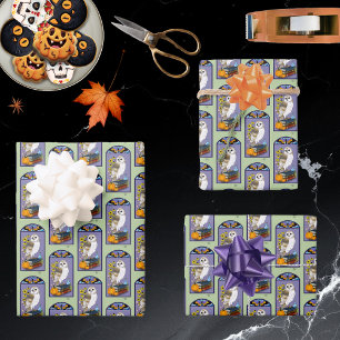 Art Nouveau Barn Owl Pumpkins Vintage Books Autumn Wrapping Paper Sheet