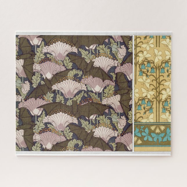 Art nouveau bats and campanulas floral textile art jigsaw puzzle (Horizontal)