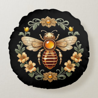 Art Nouveau Bee on Black Round Cushion