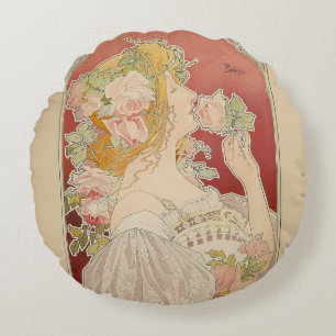 Art Nouveau Belle Époque Lady Roses Livemont Round Cushion