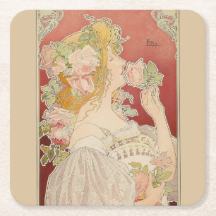 Art Nouveau Belle Époque Lady Roses Livemont Square Paper Coaster