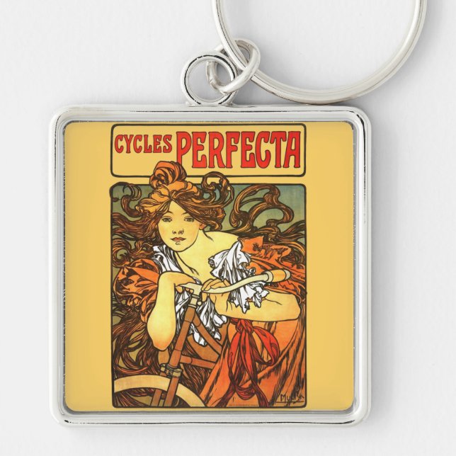 Art Nouveau Bicycle Mucha Art Key Ring (Front)