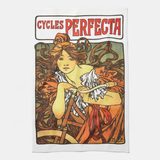 Art Nouveau Bicycle Mucha Art Tea Towel (Vertical)
