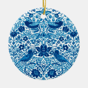 Art Nouveau Bird and Flower Tapestry, Blue & White Ceramic Ornament