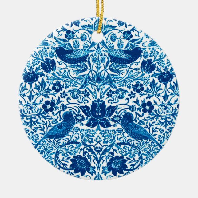 Art Nouveau Bird and Flower Tapestry, Blue & White Ceramic Ornament (Front)