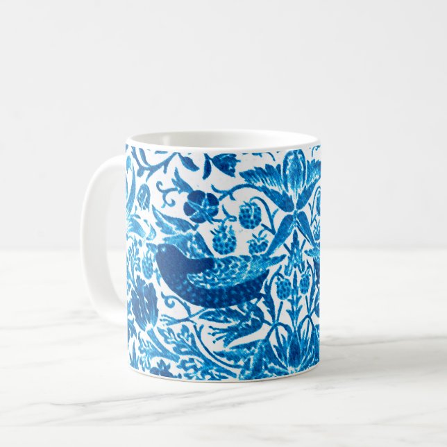 Art Nouveau Bird and Flower Tapestry, Blue & White Coffee Mug (Front Left)