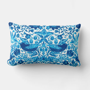 Art Nouveau Bird and Flower Tapestry, Blue & White Lumbar Cushion