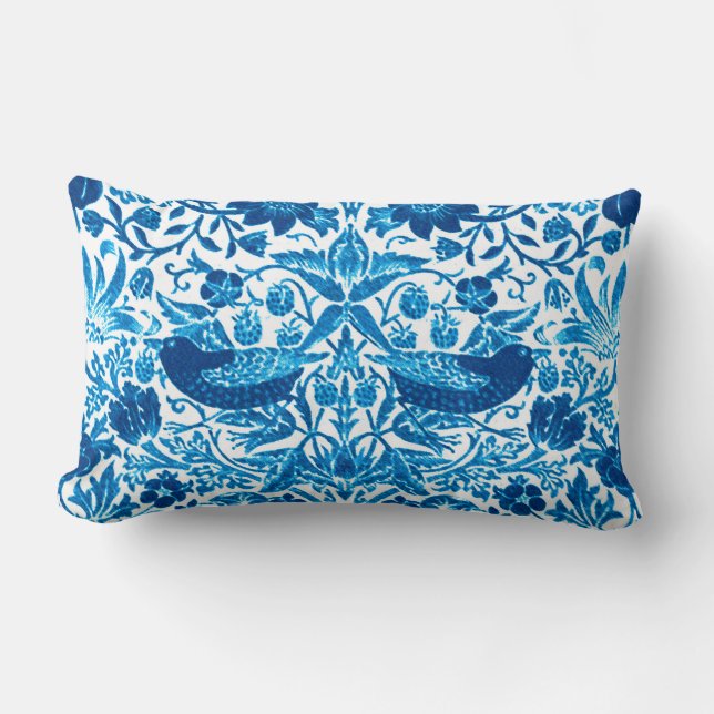 Art Nouveau Bird and Flower Tapestry, Blue & White Lumbar Cushion (Front)