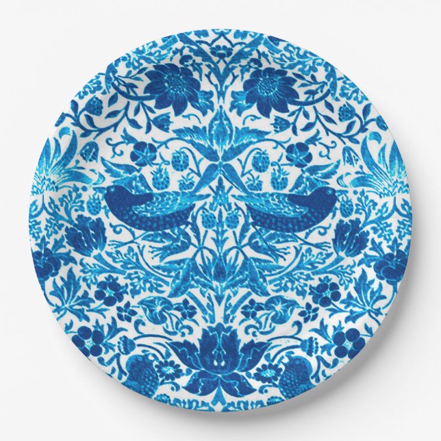 Art Nouveau Bird and Flower Tapestry, Blue & White Paper Plate (Front)