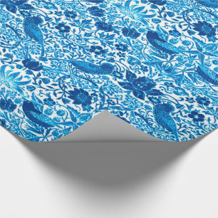 Art Nouveau Bird and Flower Tapestry, Blue & White Wrapping Paper