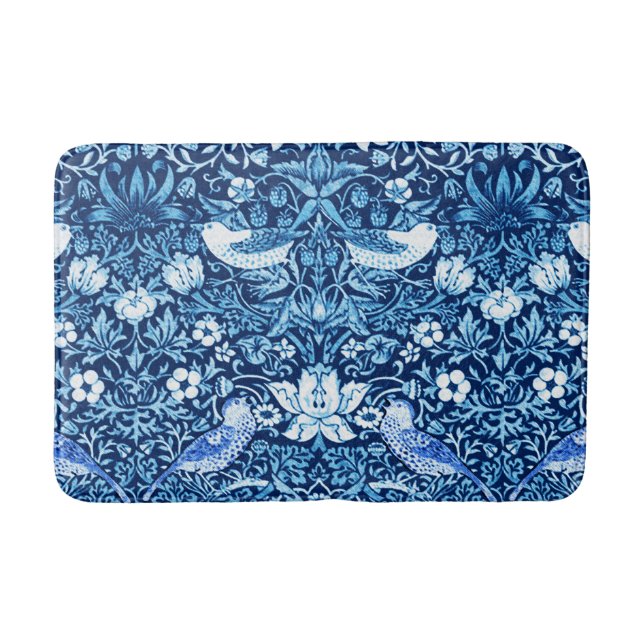 Art Nouveau Bird and Flower Tapestry, Dark Blue Bath Mat (Front)