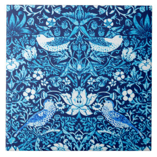 Art Nouveau Bird and Flower Tapestry, Dark Blue Ceramic Tile