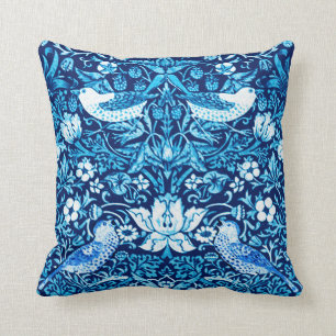 Art Nouveau Bird and Flower Tapestry, Dark Blue Cushion