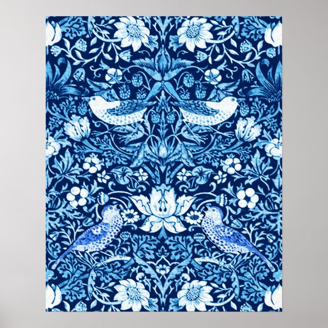 Art Nouveau Bird and Flower Tapestry, Dark Blue Poster (Front)