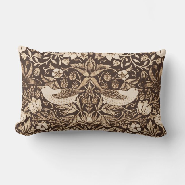 Art Nouveau Bird and Flower Tapestry, Dark Brown Lumbar Cushion (Front)