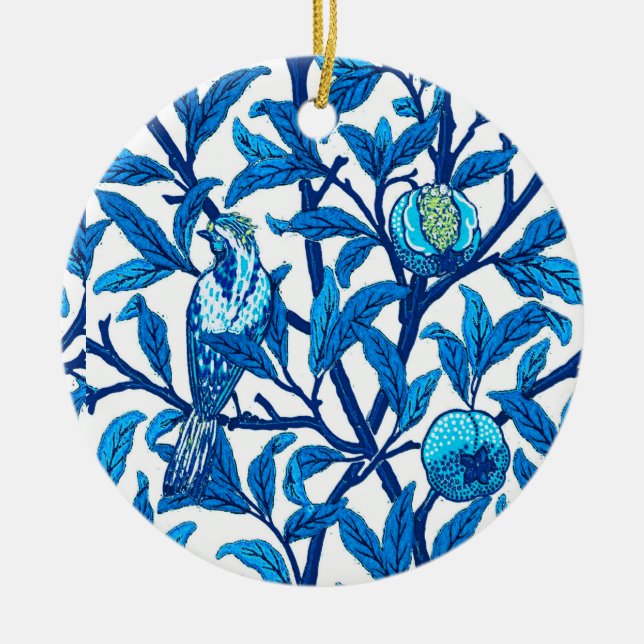 Art Nouveau Bird and Pomegranate, Cobalt Blue  Ceramic Ornament (Front)