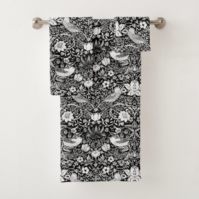 Art Nouveau Bird & Flower Tapestry, Black & White Bath Towel Set (Insitu)