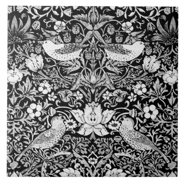 Art Nouveau Bird & Flower Tapestry, Black & White Tile (Front)