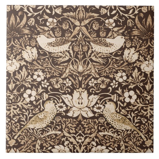 Art Nouveau Bird & Flower Tapestry, Dark Brown Ceramic Tile (Front)