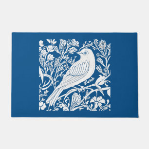 Art Nouveau Bird on a Branch in Blue and White Doormat
