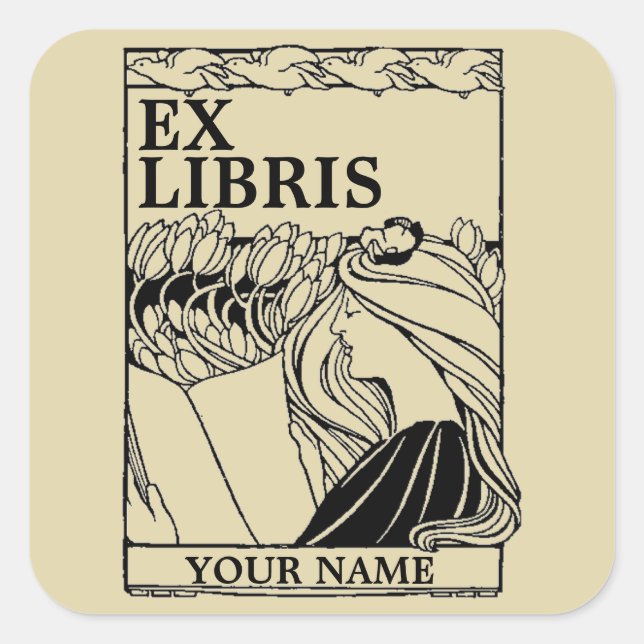 Art Nouveau Birds & Girl Reading Book Ex Libris Square Sticker (Front)