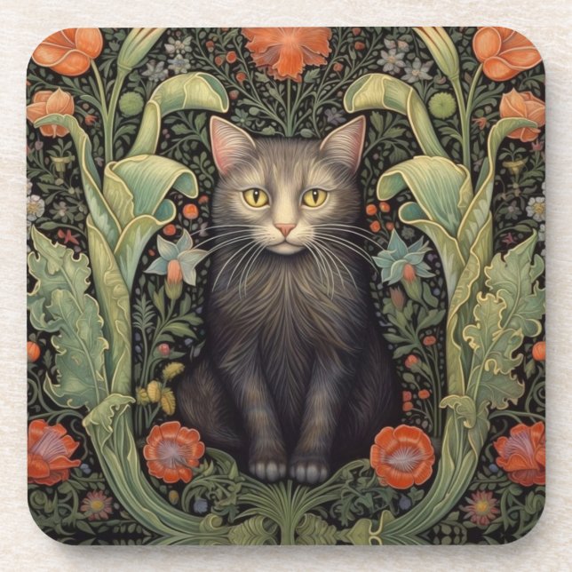 Art nouveau black cat and red flowers coaster (Front)