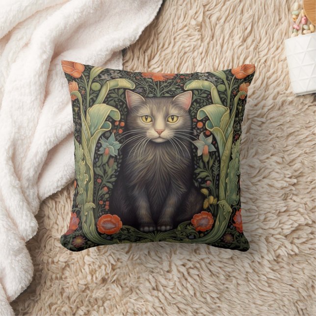 Art nouveau black cat and red flowers cushion (Blanket)