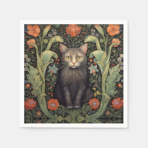 Art nouveau black cat and red flowers napkin
