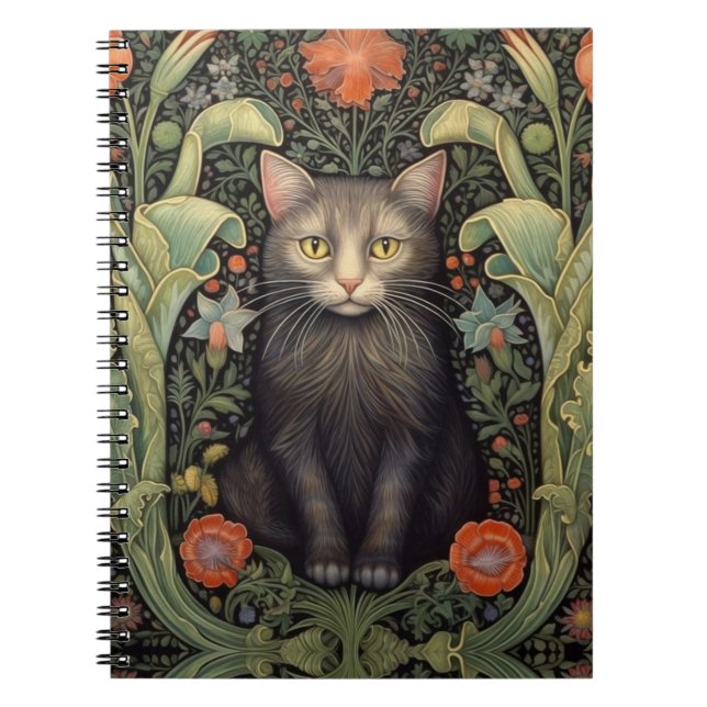 Art nouveau black cat and red flowers notebook (Front)