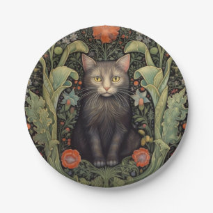 Art nouveau black cat and red flowers paper plate